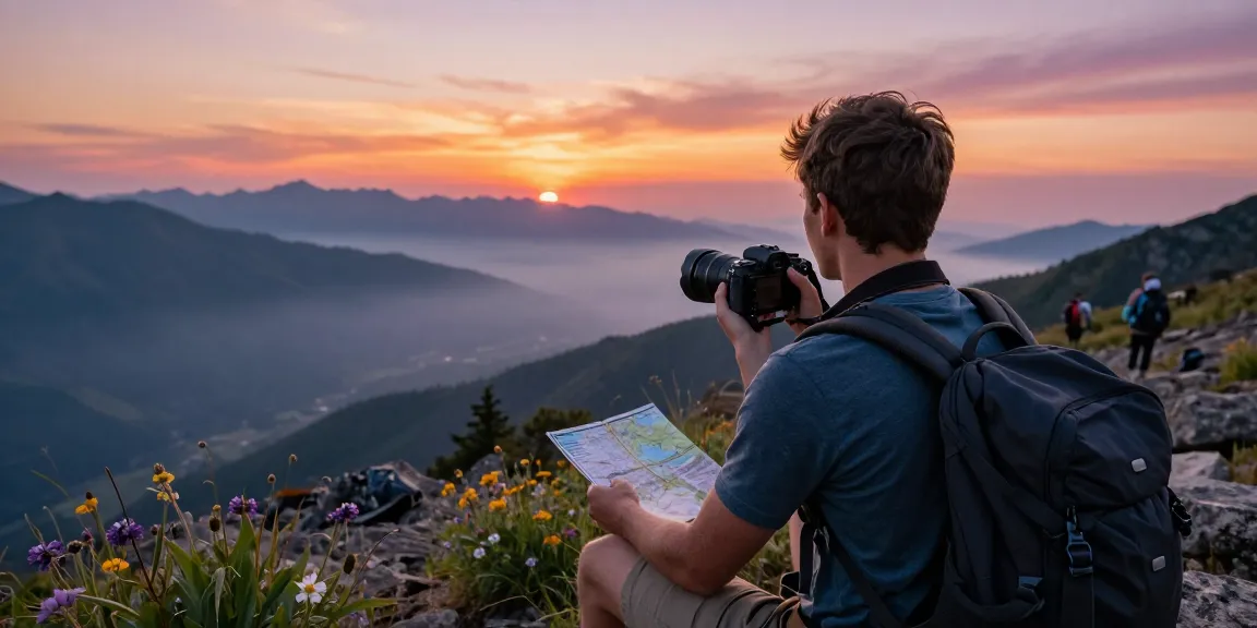 Young traveler enjoying a scenic mountain view in golden hour, embodying the essence of IVQ adventure.