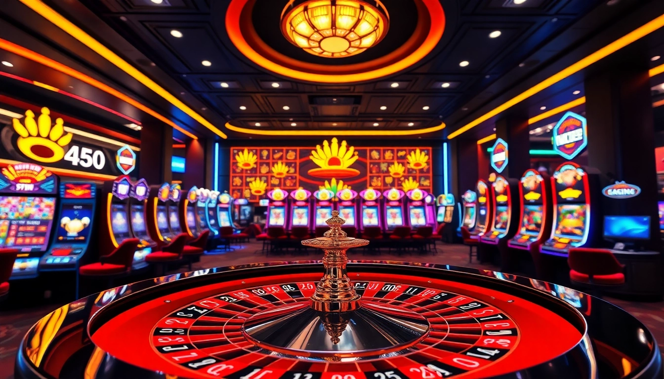 Casino en ligne interactif avec une roulette virtuelle et des machines à sous colorées.
