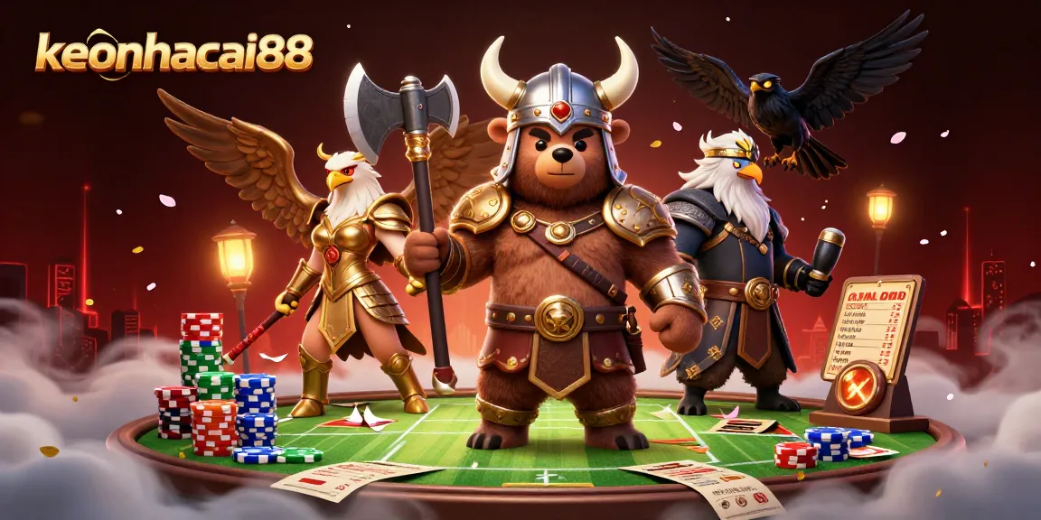 Bet on sports with keonhacai88, featuring a Viking bear, Valkyrie eagle, and dynamic betting atmosphere.