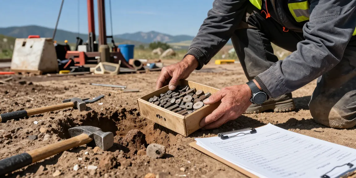 Géologue évaluant des boîtes de carottes de forage organisées sur un site de forage