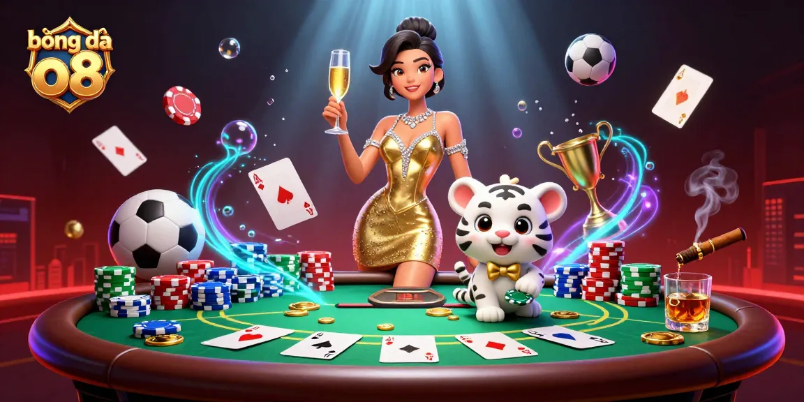 bóng đá o8 casino vibrant illustration with glamorous woman and lucky tiger, featuring football elements and poker paraphernalia.