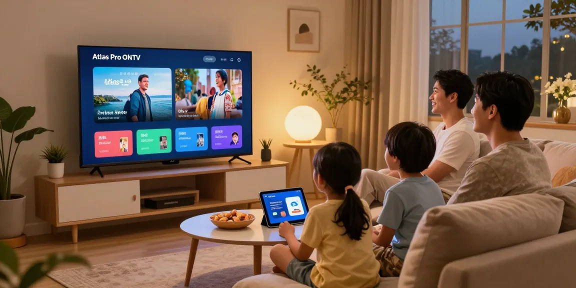 Famille profitant de la diffusion en streaming avec Atlas Pro ONTV dans un salon confortable