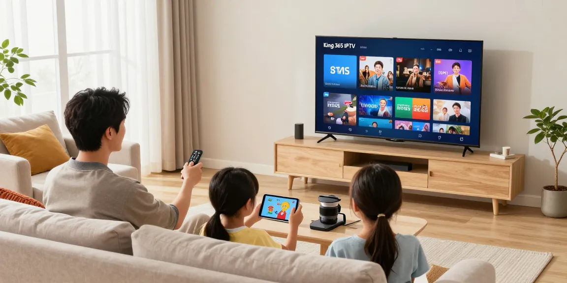 Family enjoying King 365 IPTV in a cozy living room with Smart TV.