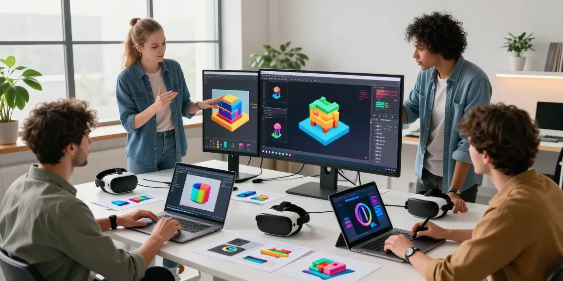 Dans un studio moderne, une équipe utilise un générateur 3D IA pour créer des modèles 3D collaborativement.