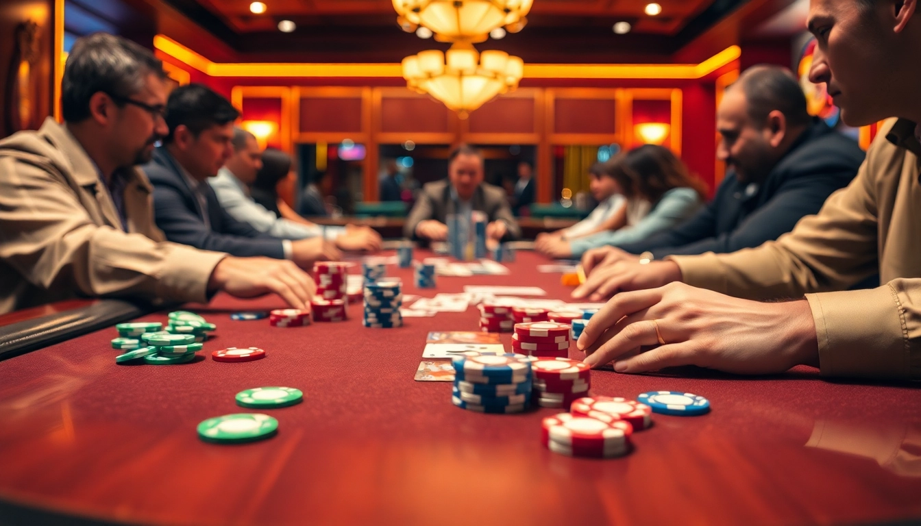 Joueurs de poker en ligne concentrés sur une table remplie de jetons et de cartes.