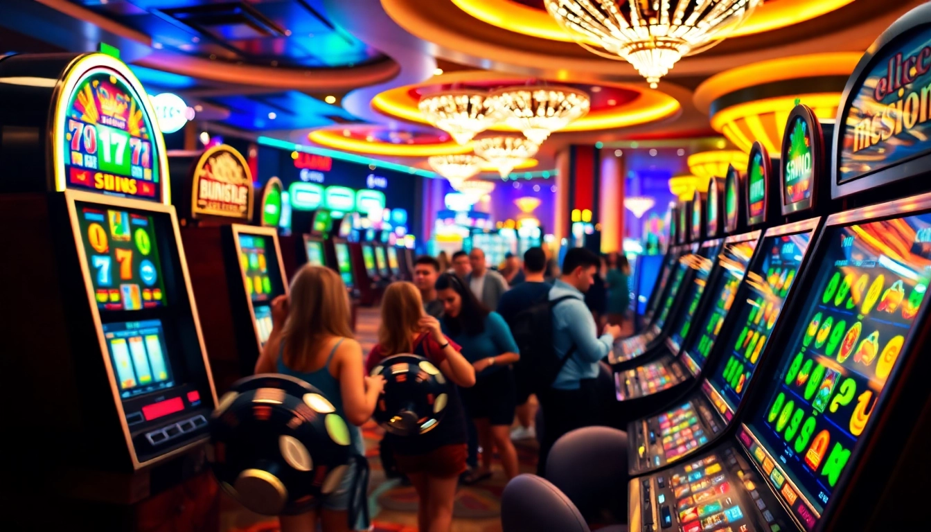 Les joueurs s'amusent autour d'une machine à sous casino dans une ambiance de casino animée.