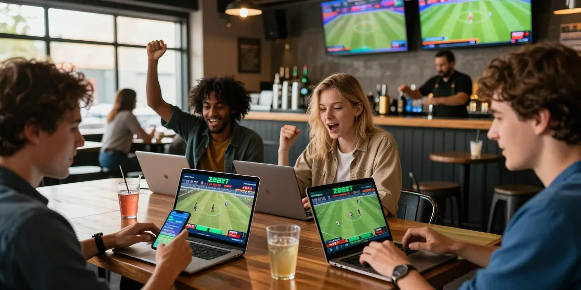 Friends engaging with 28BET online betting during a lively sports event in a vibrant sports bar atmosphere.