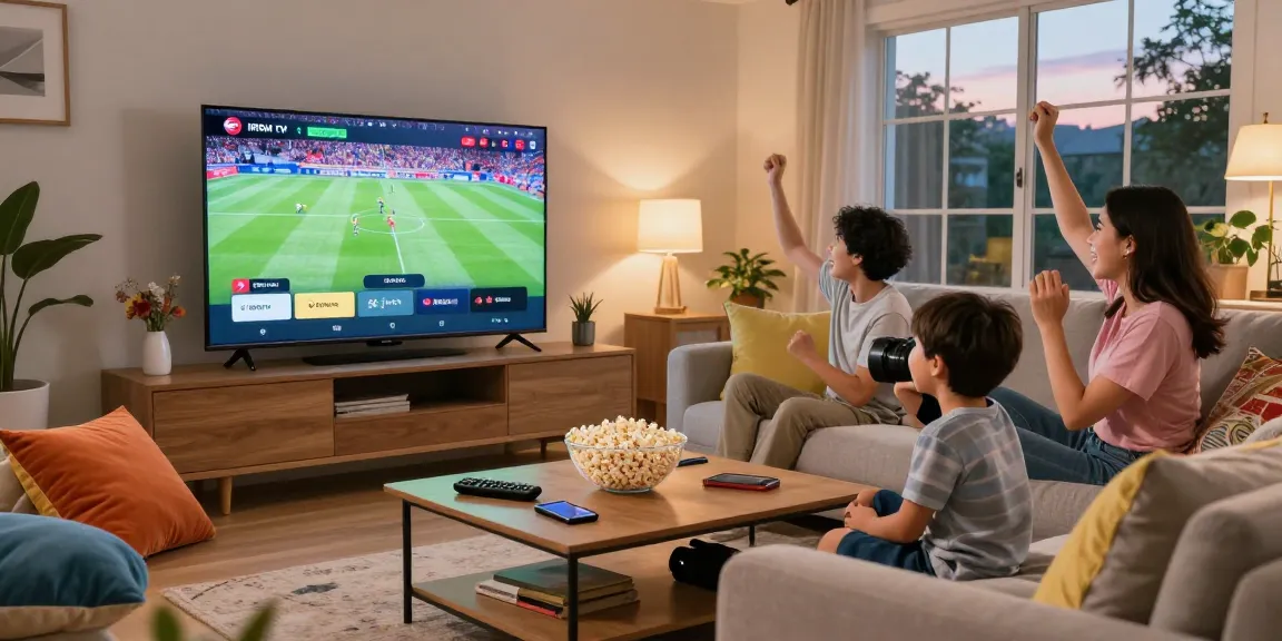 Famille profitant des sports en direct sur l'application IRON TV dans un salon confortable