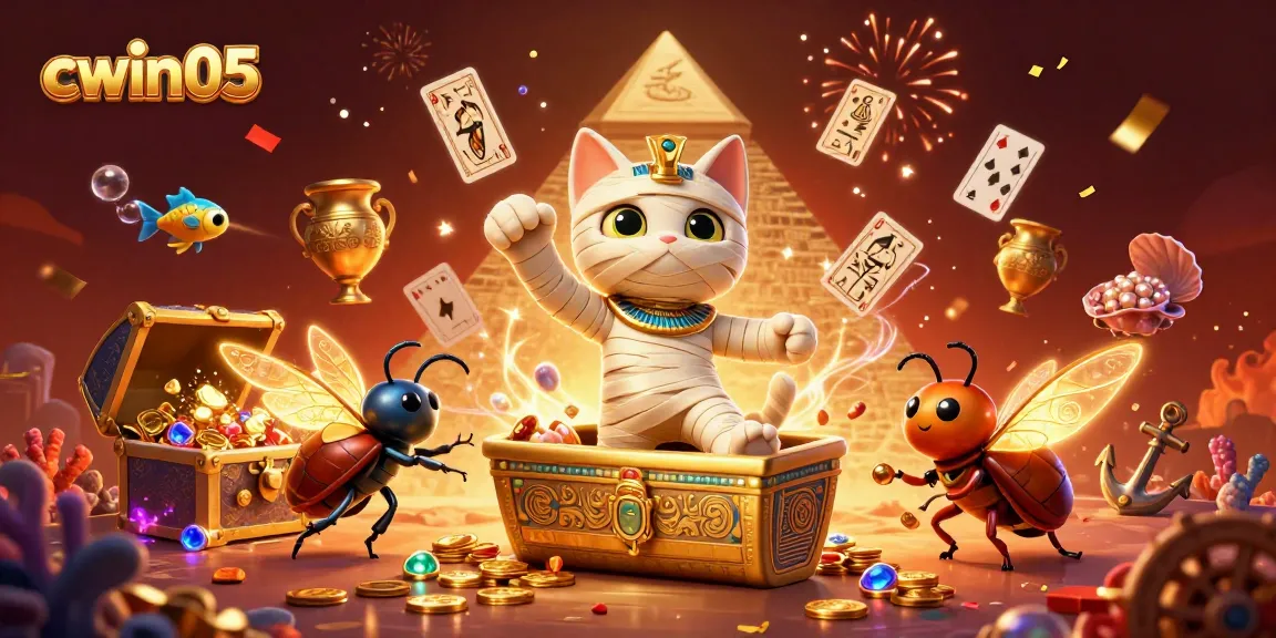 Engage with cwin05 as the Egyptian mummy cat and scarab beetle celebrate wins in a vibrant casino scene.