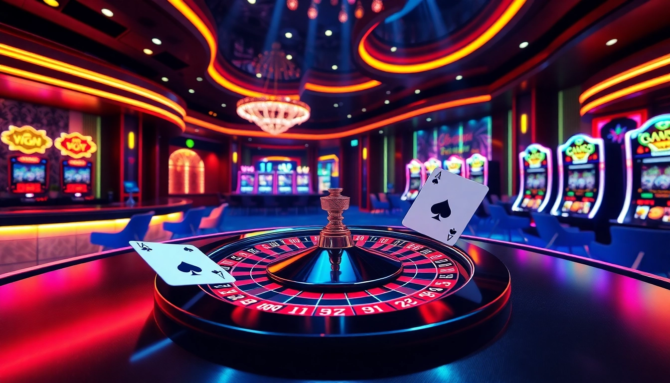 Joueurs profitant d'une expérience de casino en ligne immersive avec des lumières vives.