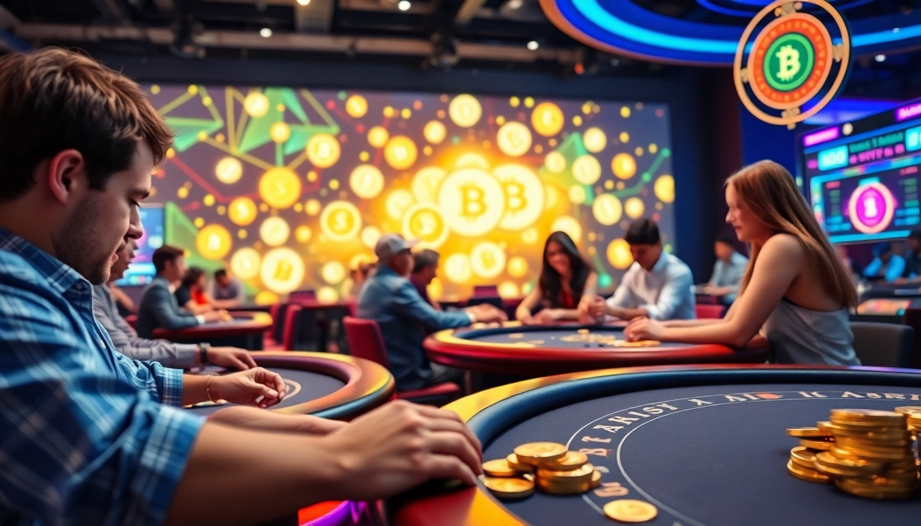 Casino crypto en ligne avec joueurs enthousiastes et des jeux palpitants.