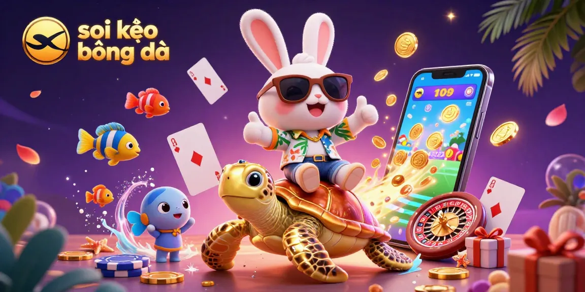 Engage with soi kèo bóng đá as a lucky rabbit rides a golden turtle amidst vibrant gaming elements and colorful decor.