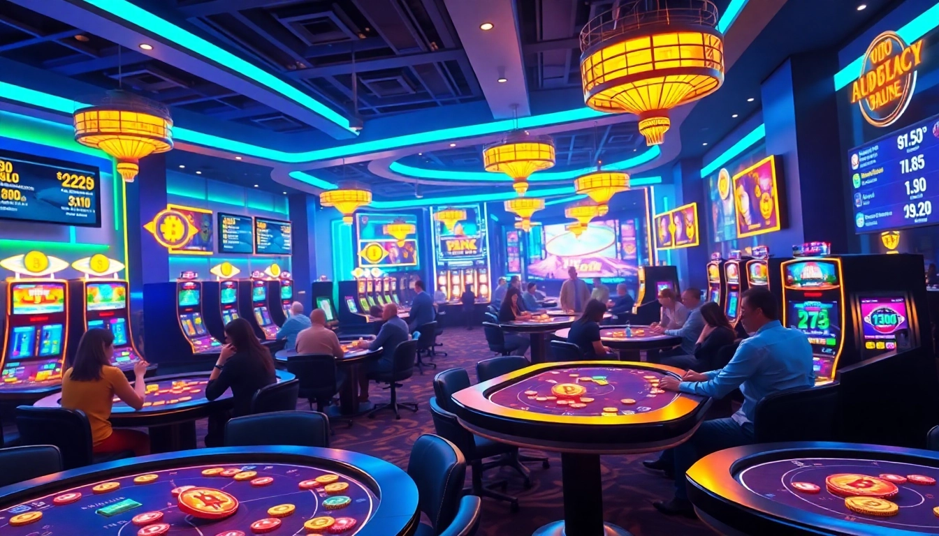Jouer à des jeux de crypto casino dans une ambiance animée avec des lumières vives.