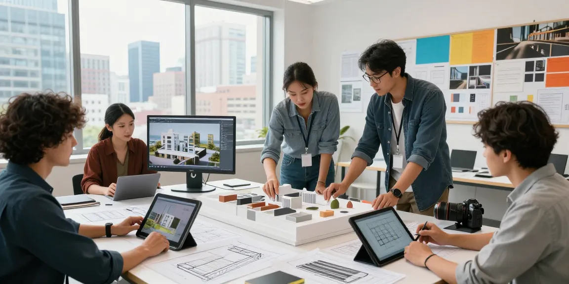 modèle 3D architecture IA produit par une équipe d'architecture collaborative concevant dans un studio moderne avec lumière naturelle.