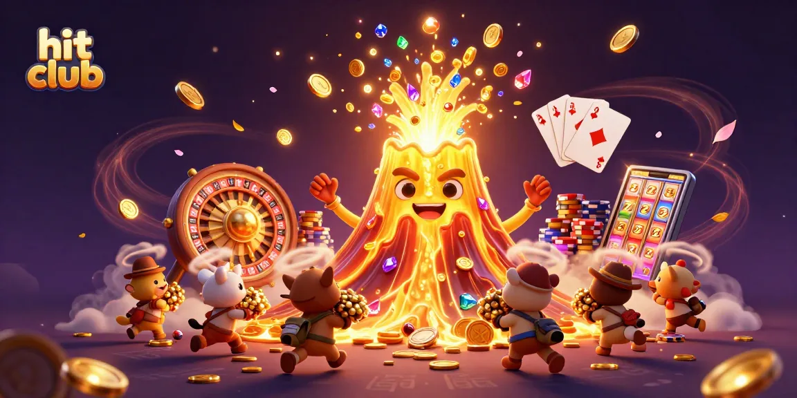 Experience the thrill at hit club with a golden volcano erupting coins and treasures in this vibrant casino scene.
