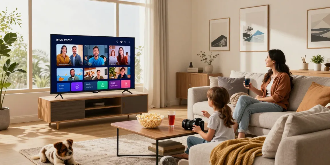 Une famille utilisant l'application TV PRO IRON sur une grande télévision dans un salon confortable.
