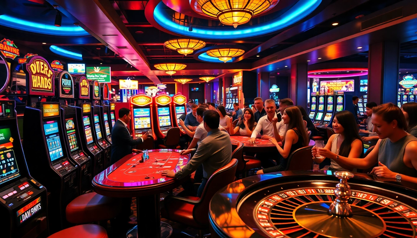 Vibrant scene of casino en ligne with players enjoying various games and celebrating wins. related image