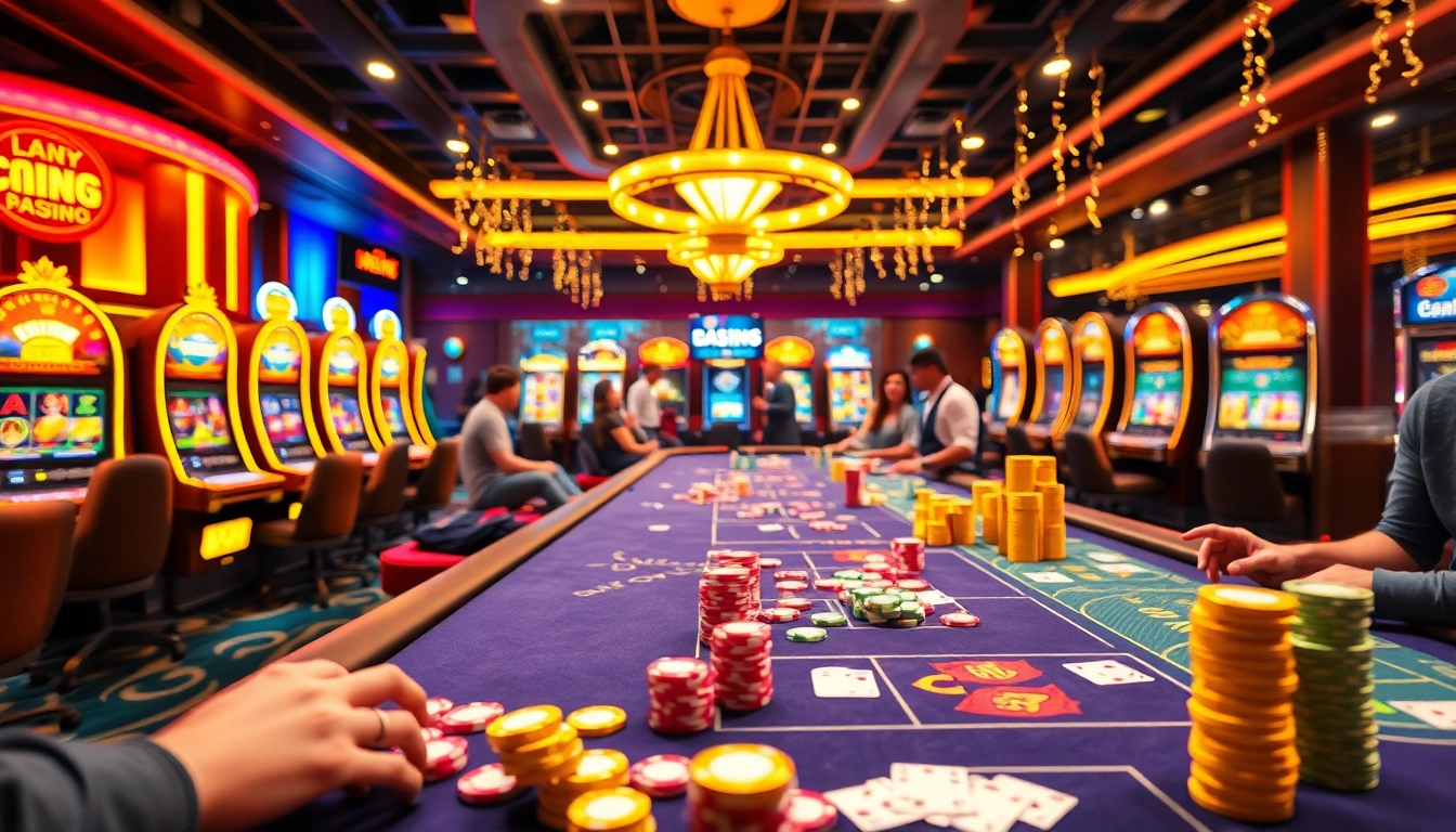 Casino en ligne avec des joueurs enthousiastes autour de tables de jeux vibrant d'énergie. related image