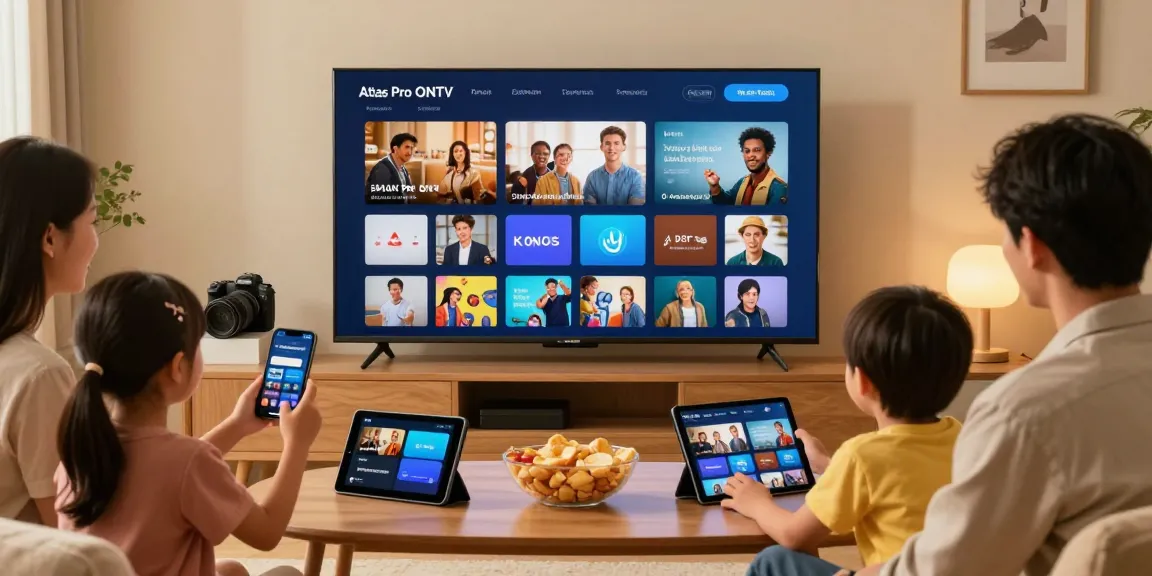 Famille utilisant Atlas Pro ONTV sur Smart TV et appareils mobiles, moment de divertissement à domicile.