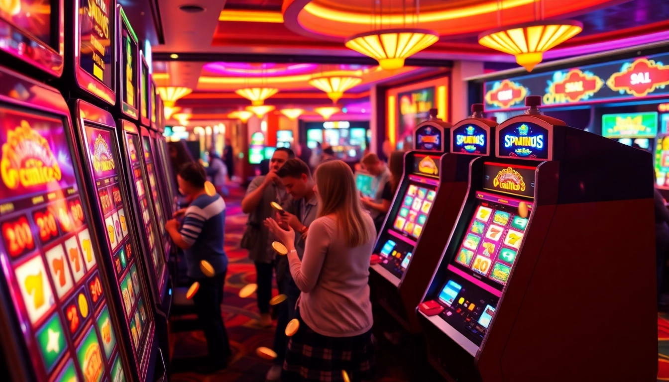 Les joueurs s'amusent autour d'une machine à sous casino dans une ambiance de casino animée. related image