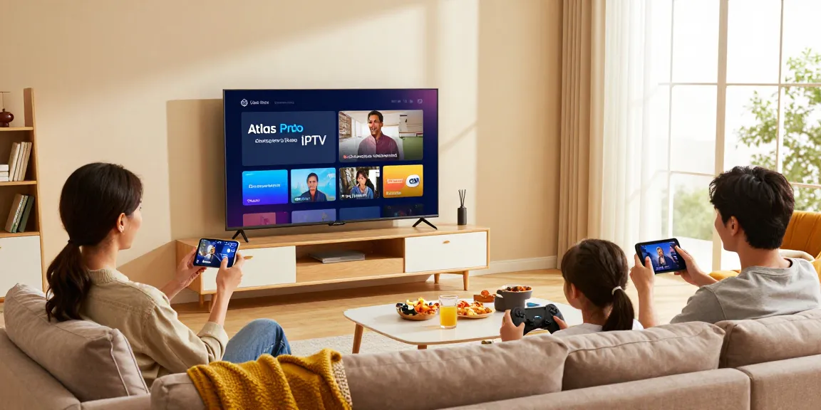 Famille profitant d'une soirée cinéma avec l'application IPTV Atlas Pro dans un salon confortable