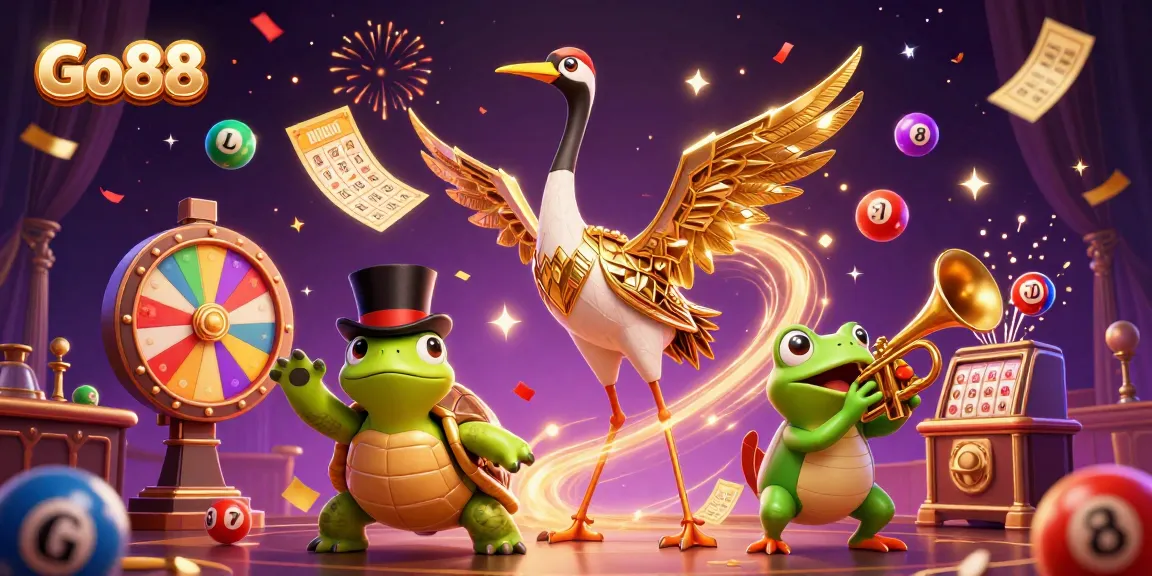 Win big at Go88 with vibrant lottery elements and whimsical characters in a festive casino scene.