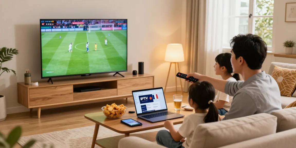 Famille regardant IPTV France sur un téléviseur à écran plat, ambiance chaleureuse et conviviale.