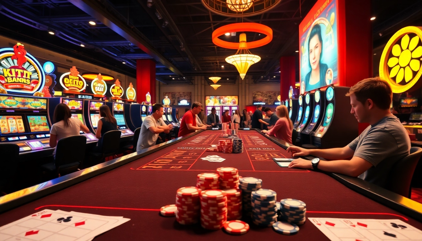 Casino en ligne avec des joueurs enthousiastes autour de tables de jeux vibrant d'énergie.