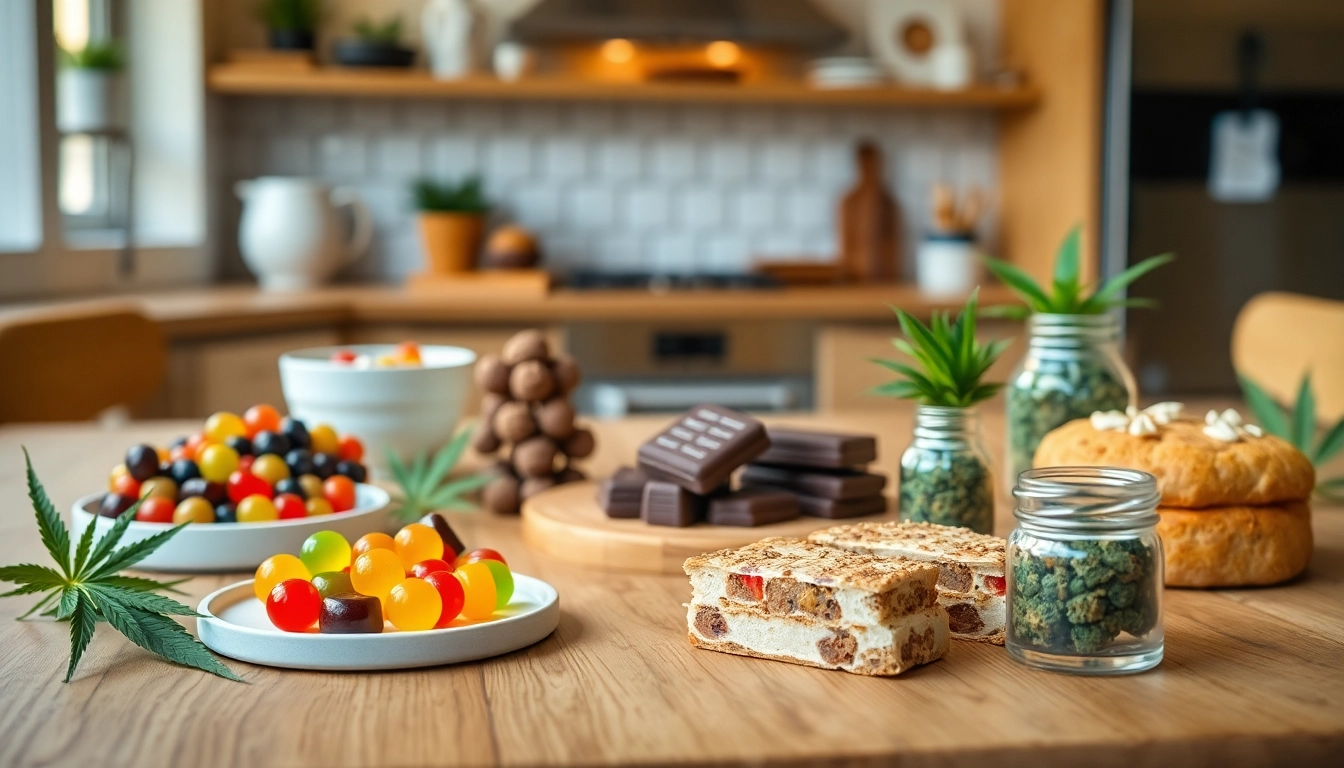 Shop Cannabis Edibles Online Europe with an inviting display of vibrant gummies, chocolates, and baked goods.