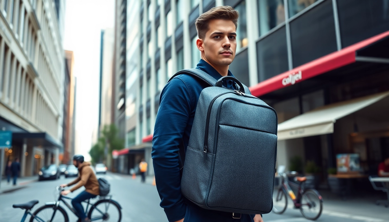 Un homme portant un sac à dos homme tendance dans un cadre urbain moderne. related image