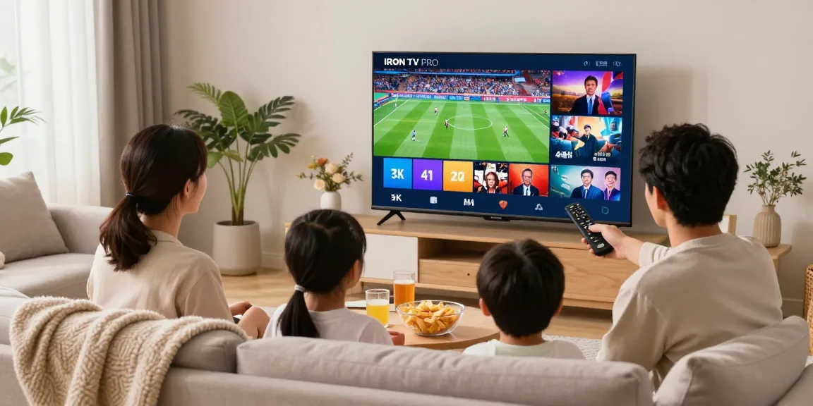 Famille regardant IRON TV PRO sur un téléviseur intelligent dans un salon moderne.