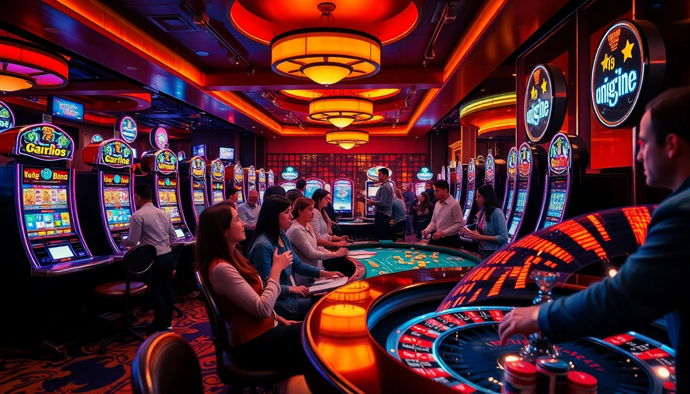 Vibrant scene of casino en ligne with players enjoying various games and celebrating wins.