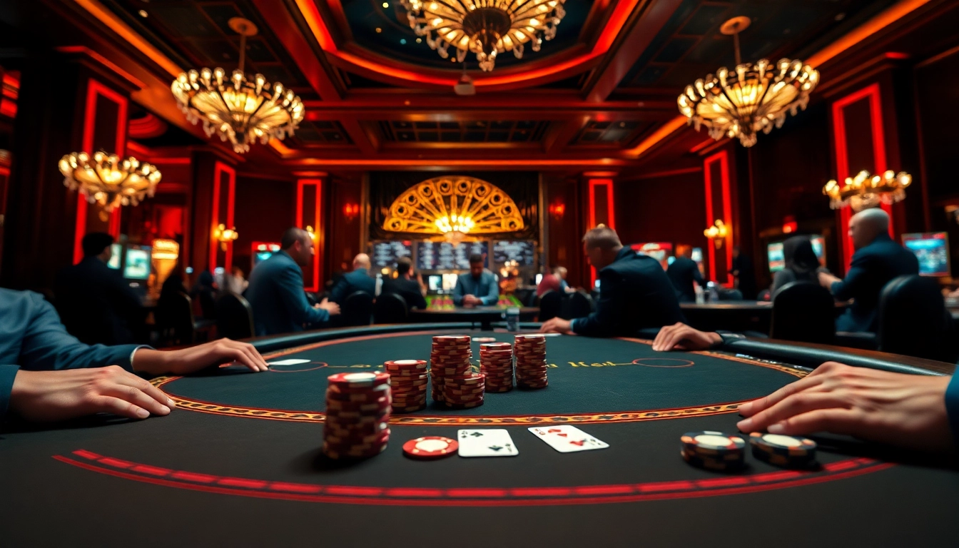 Joueurs stratégiques en poker en ligne sur une table de casino élégante