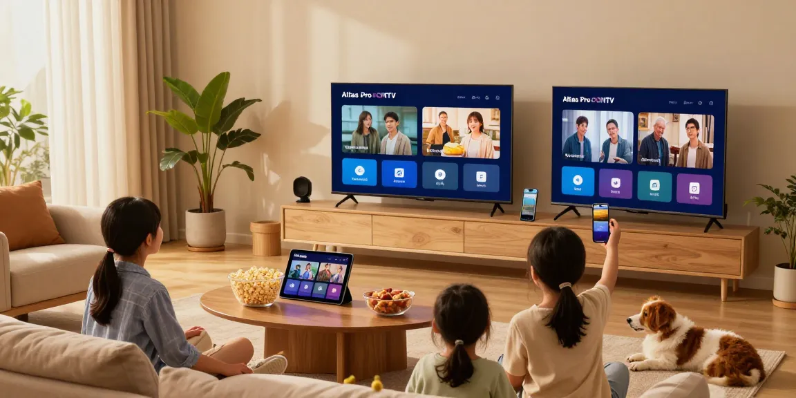 Family enjoying diverse content from atlas pro ontv in a cozy living room with Smart TV and devices.