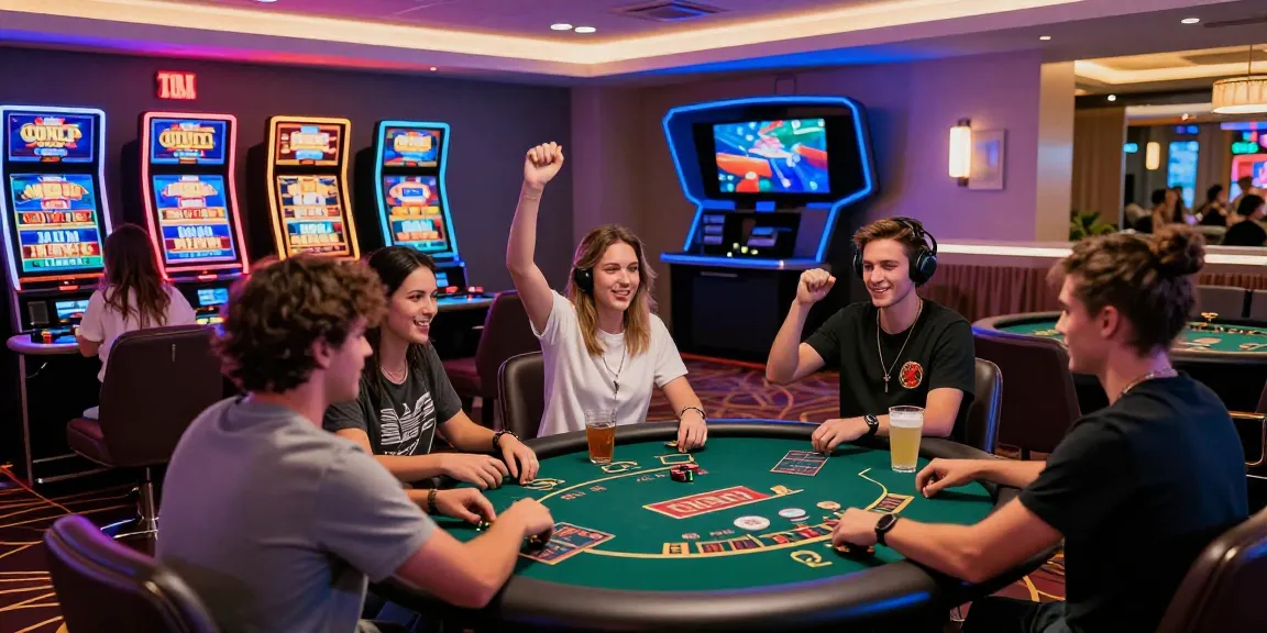 Scène de casino en ligne avec des joueurs engagés, ambiance dynamique et jeux variés.