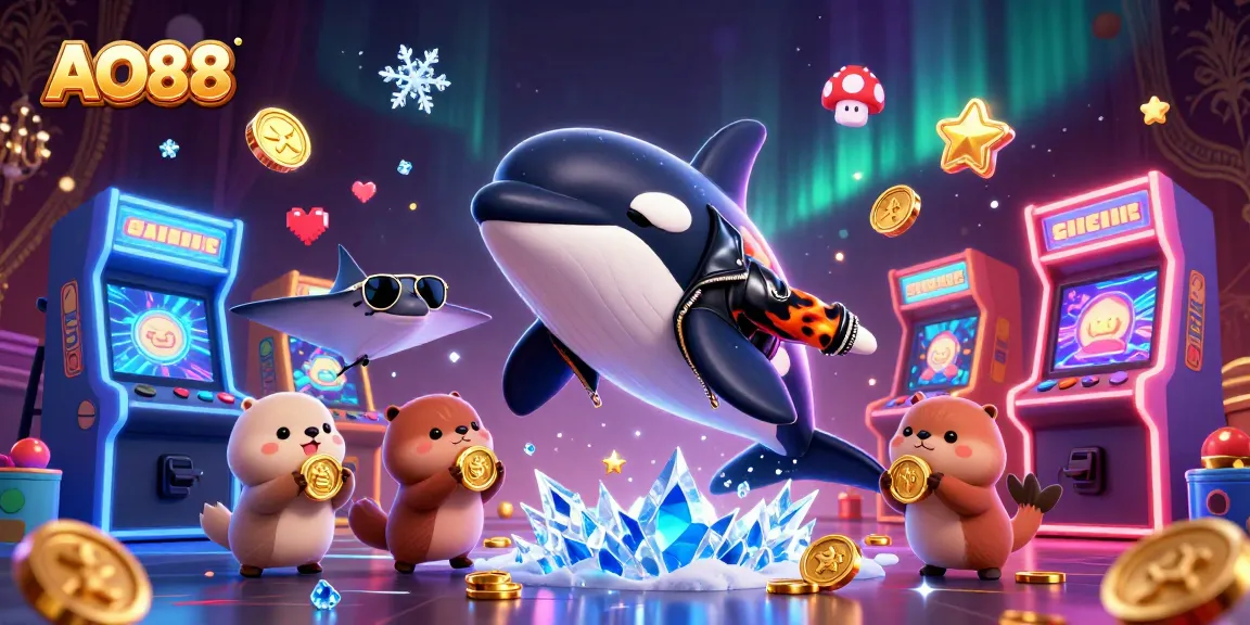 Experience casino thrills with AO88 as animated characters play in a vibrant gaming scene.