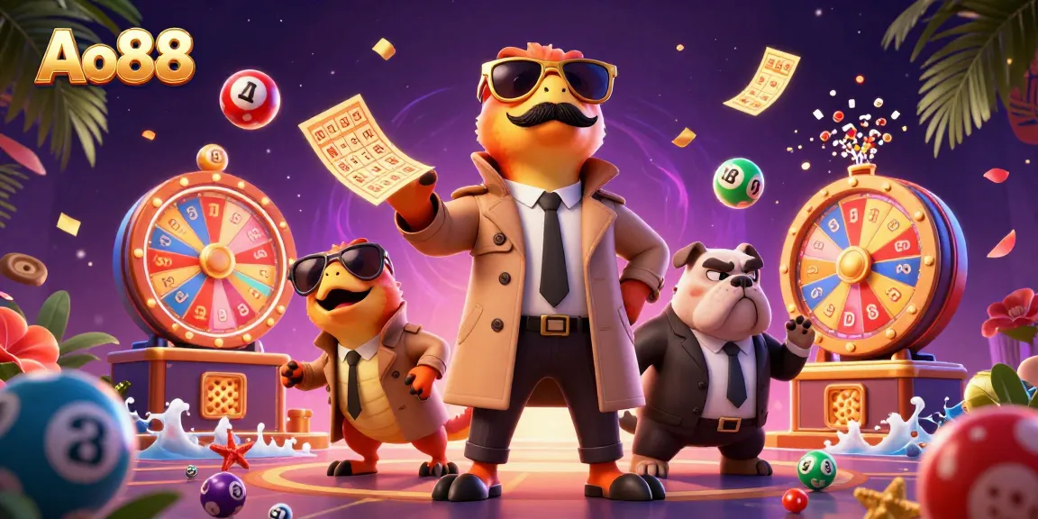 Experience fun at Ao88 with playful raptors entering a casino lounge amidst vibrant lottery elements