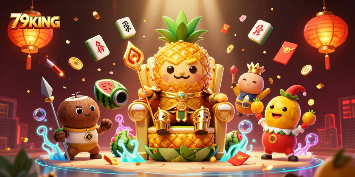 Engage with 79KING as the golden pineapple king rules a vibrant casino scene filled with lively graphics.