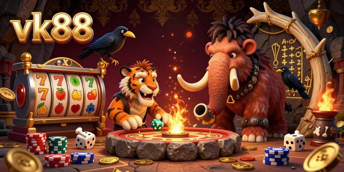 Engage in thrilling gameplay at vk88 with a vibrant 3D casino scene featuring a unique caveman and sabertooth duo.