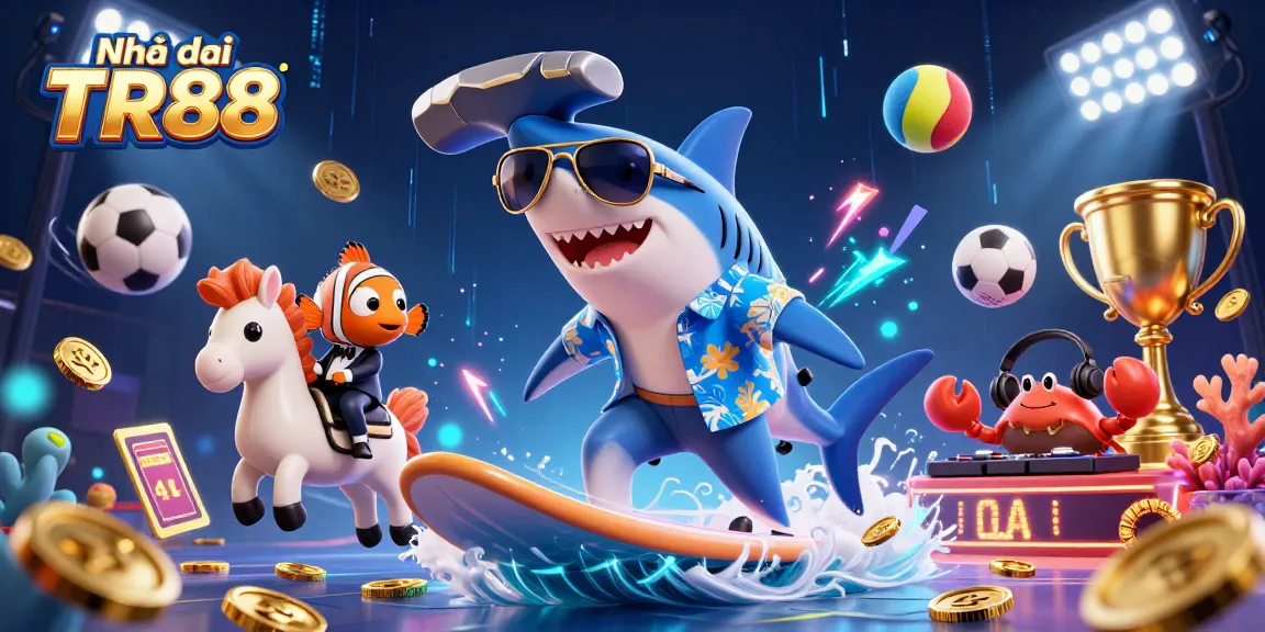 Experience thrilling gaming action with Nhà cái TR88 in a vibrant, immersive 3D casino scene with dynamic characters.