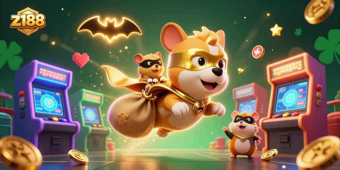 Join z188's thrilling adventure with a superhero dog and hamster, amidst a vibrant casino scene.