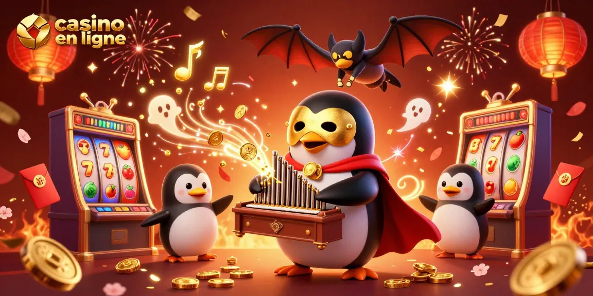 Découvrez un casino en ligne animé avec un pingouin fantasque jouant, des machines à sous et des lanternes lumineuses.