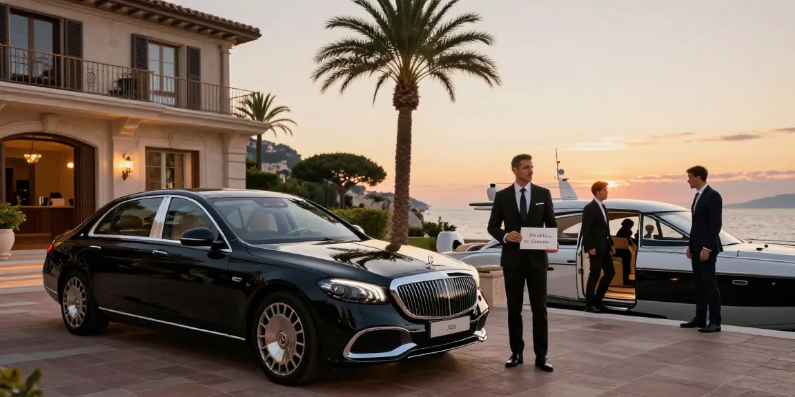 Service horaire Nice Cannes Monaco Saint-Tropez avec chauffeur privé devant une villa sur la Côte d'Azur, ambiance luxueuse.