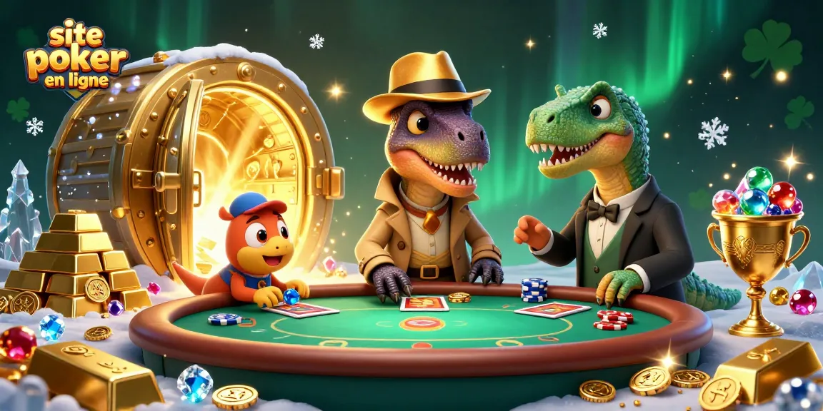 Profitez d'une partie de poker sur un site poker en ligne avec des personnages animés et des jetons colorés.
