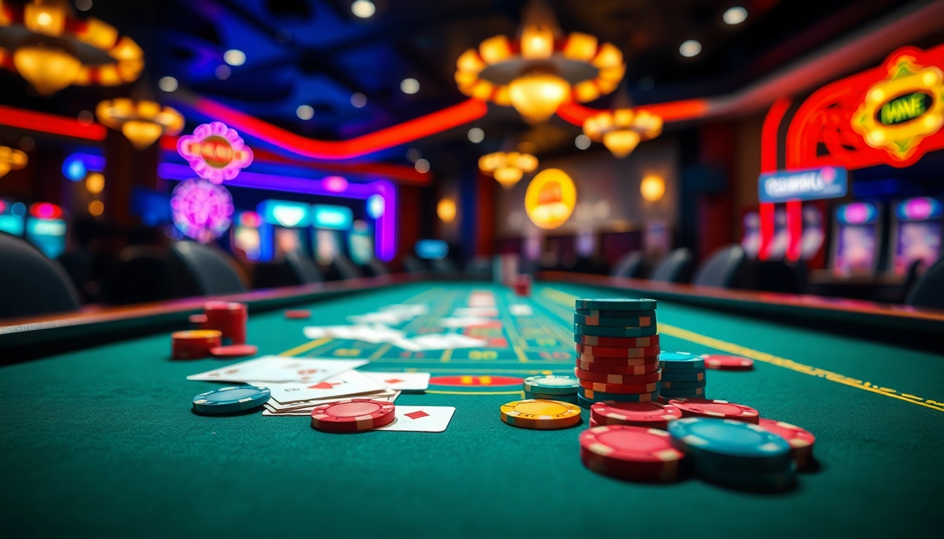 Jouer à un casino en ligne avec des jetons colorés et des cartes de jeu sur une table illuminée.