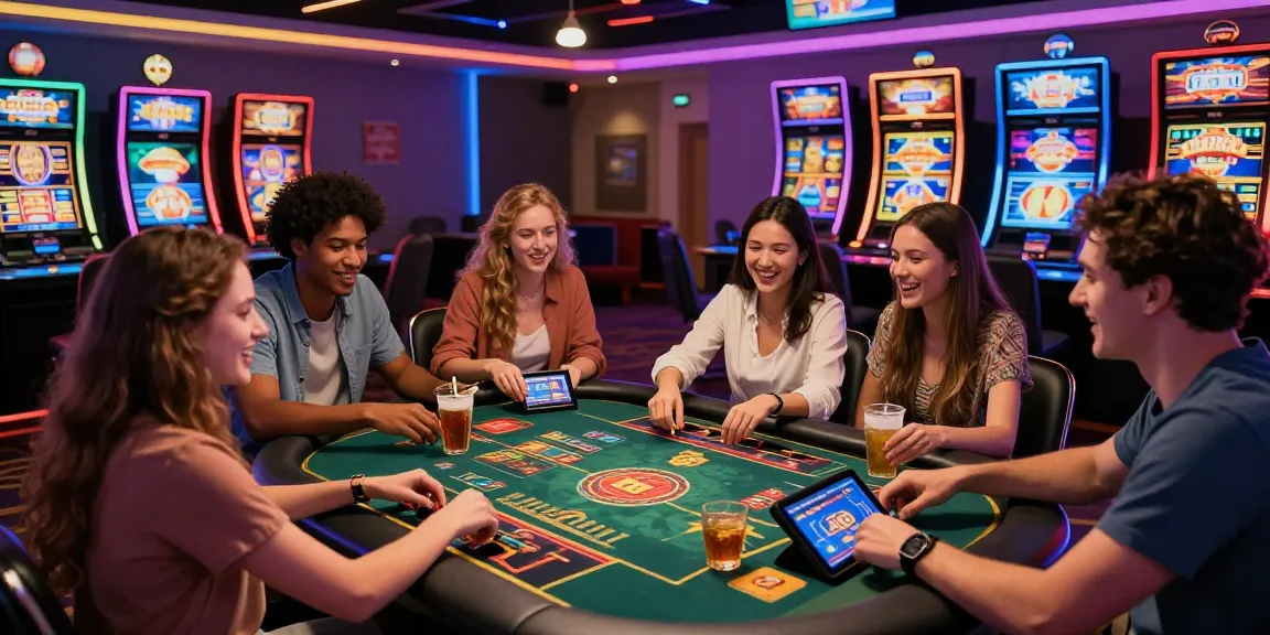 Groupe d'amis jouant au casino en ligne avec excitation et convivialité.