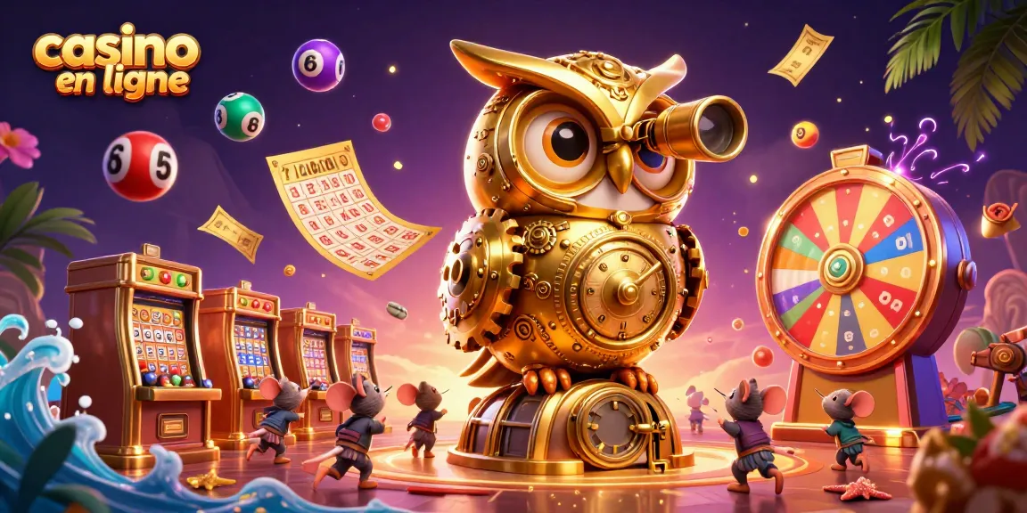 Casino en ligne : illustration dynamique d'un hibou doré et de petites souris dans un casino.