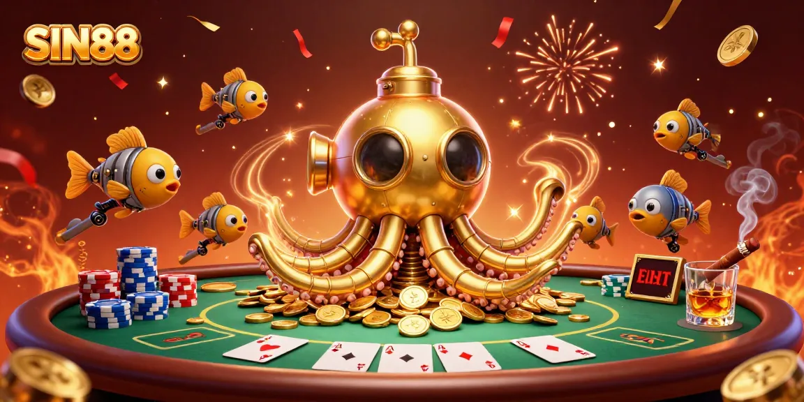 SIN88 showcases a golden kraken submarine amidst celebratory casino elements like poker chips and cards.