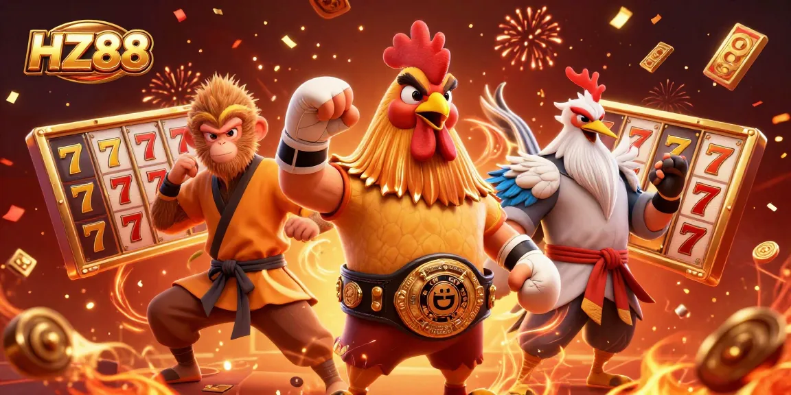 Engage with the excitement of HZ88, featuring vibrant slot reels and dynamic casino characters in an ultra-detailed 3D illustration.