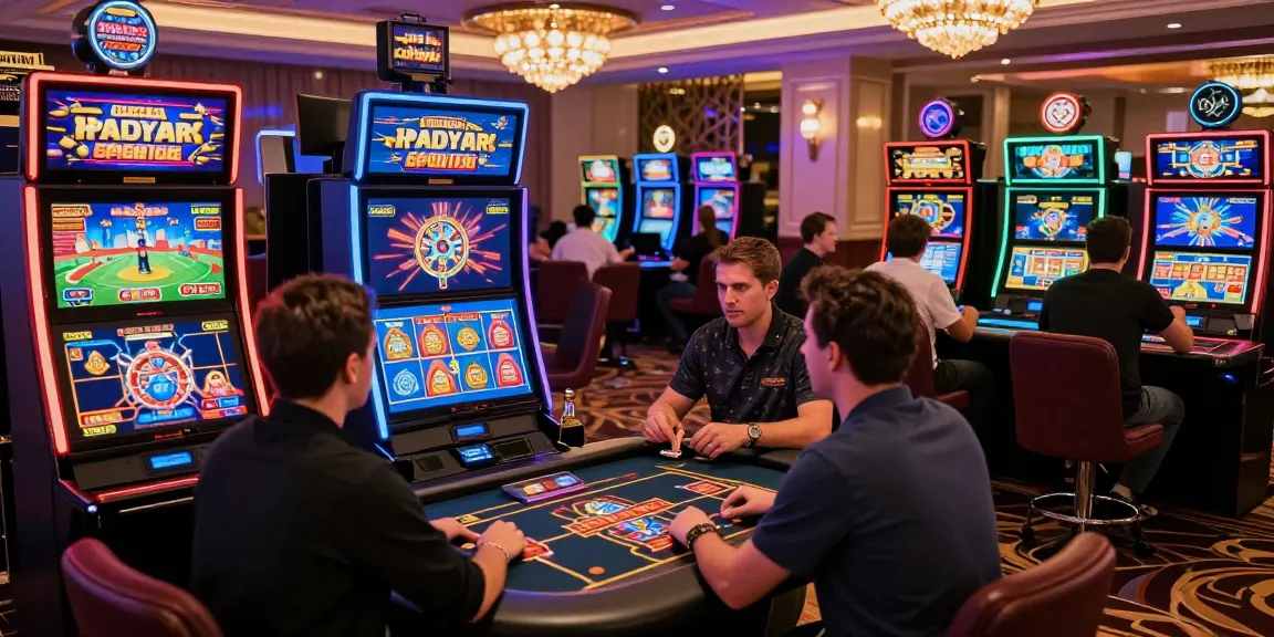 Casino en ligne avec joueurs heureux jouant à des machines à sous et des jeux de table dans une ambiance moderne et lumineuse.